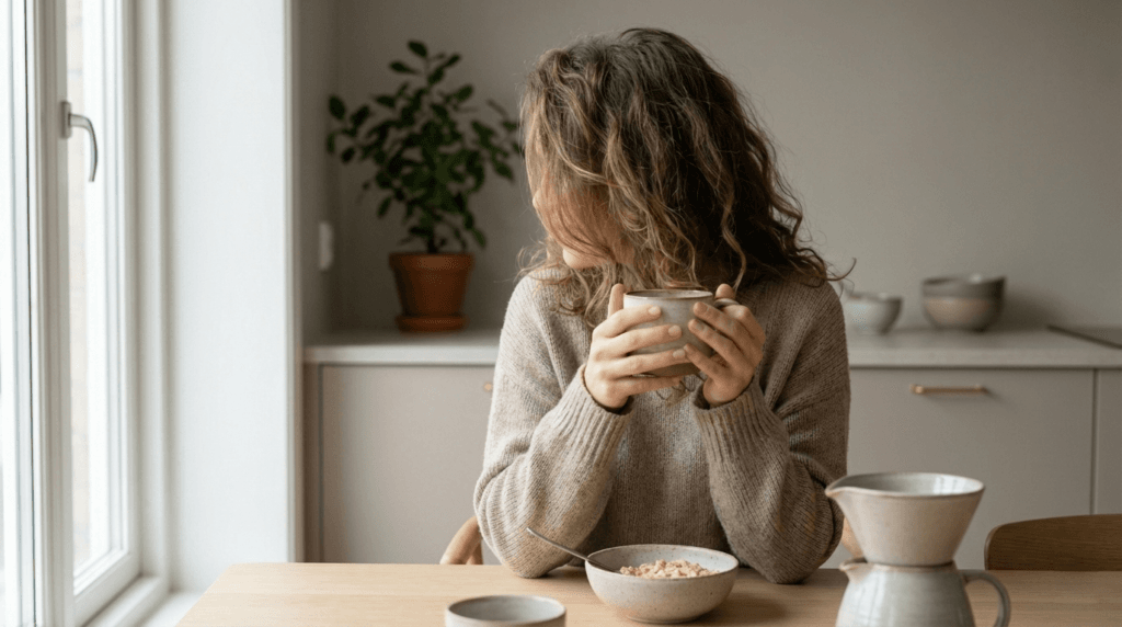 Kvinna dricker kaffe vid frukostbordet – kaffe och IBS